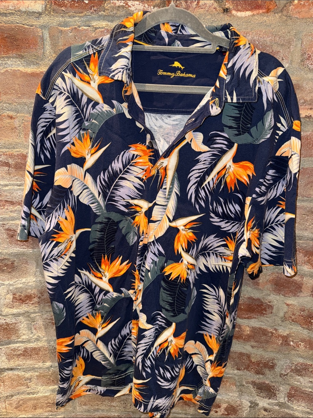Tommy Bahama Navy Camp Shirt with Orange & Green Tropical Print